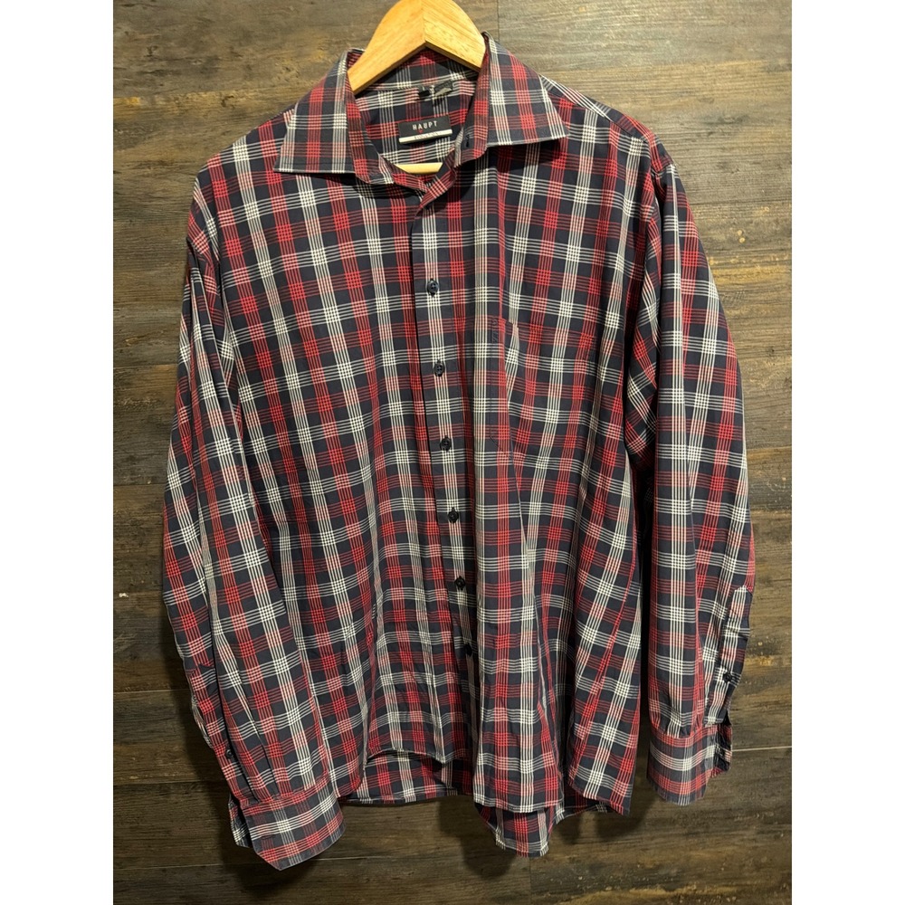 Haupt Evolution Mens Plaid Button Down Shirt Navy Red Houndstooth Large 16.5